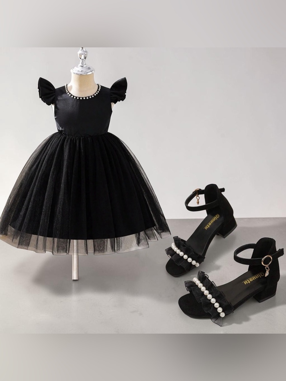 ELEGANT TODDLER BUNDLE Girls Black Pearl-Accent Dress and Sandals